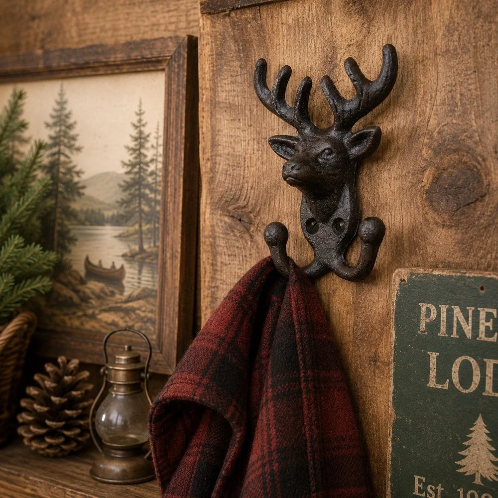 Cast Iron Stag Deer Head Double Wall Hook Rustic Cabin Lodge Decor Farmhouse